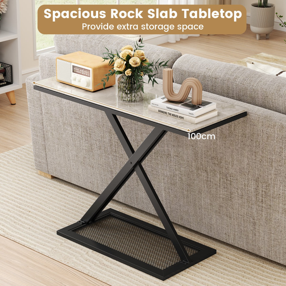 LIVSK Consoletafel - Imitatiemarmer Blad - Gepoeiercoat Metaal - 100 x 40 x 77,5 cm - Veiligheidsbeveiliging - Wit en Zwart