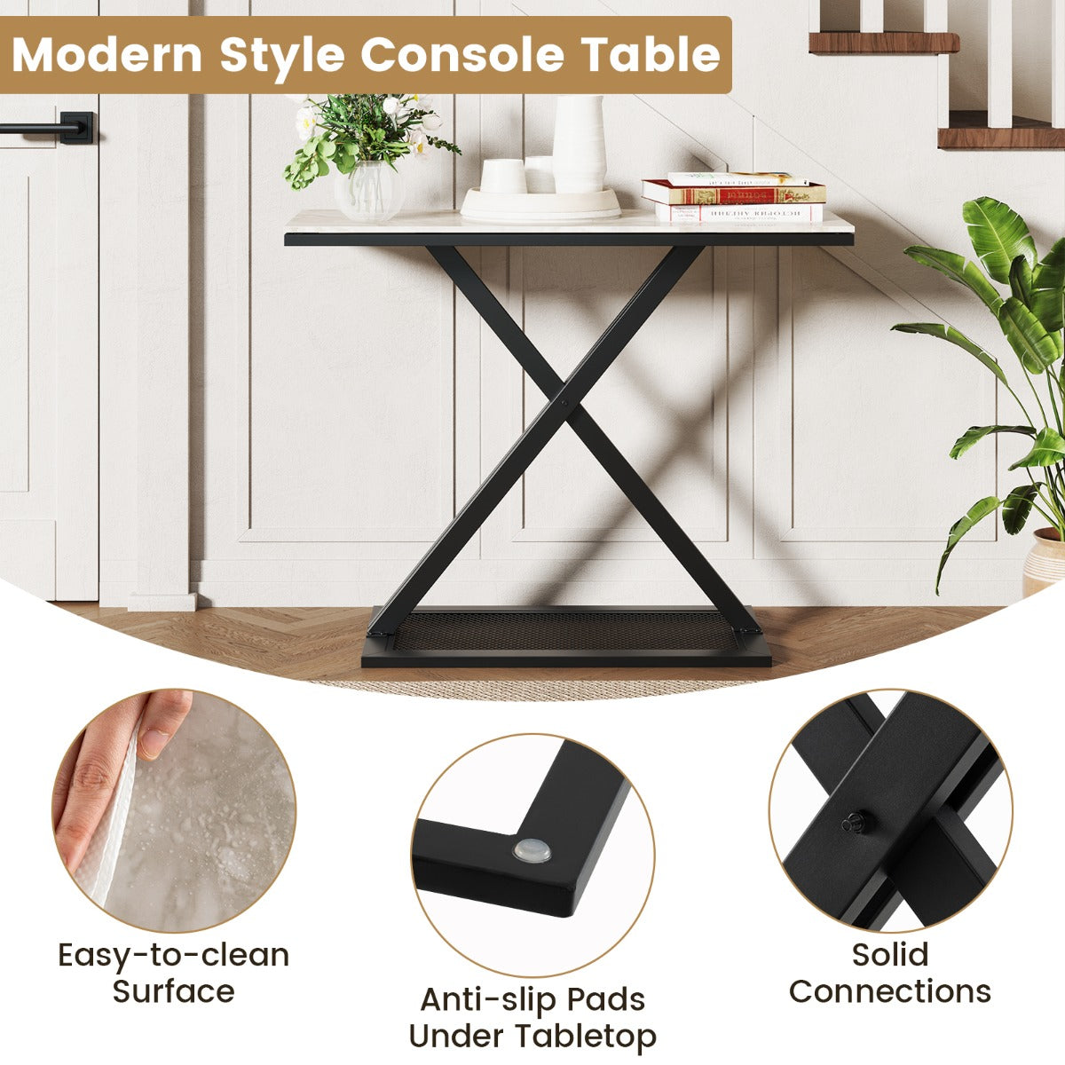 LIVSK Consoletafel - Imitatiemarmer Blad - Gepoeiercoat Metaal - 100 x 40 x 77,5 cm - Veiligheidsbeveiliging - Wit en Zwart