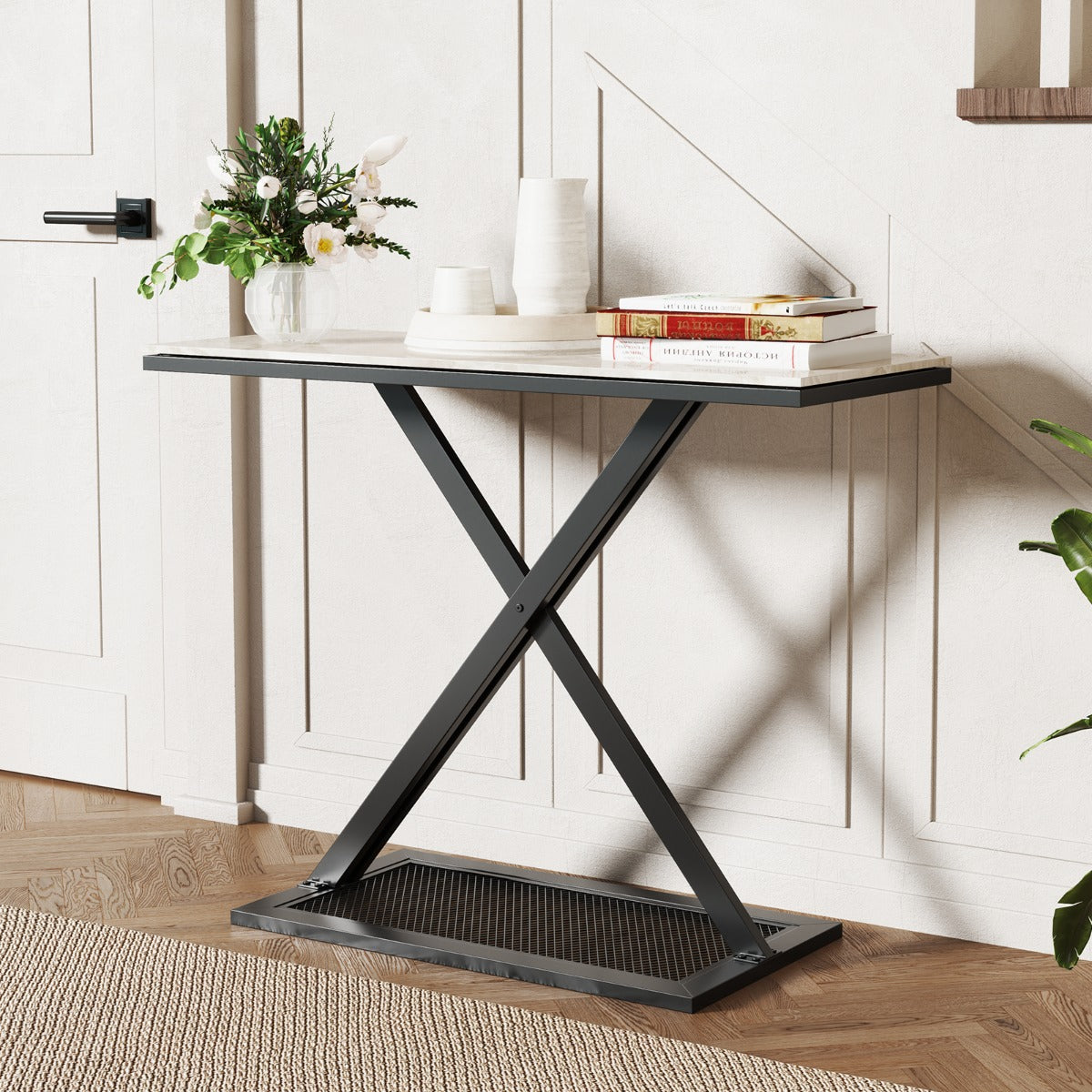 LIVSK Consoletafel - Imitatiemarmer Blad - Gepoeiercoat Metaal - 100 x 40 x 77,5 cm - Veiligheidsbeveiliging - Wit en Zwart