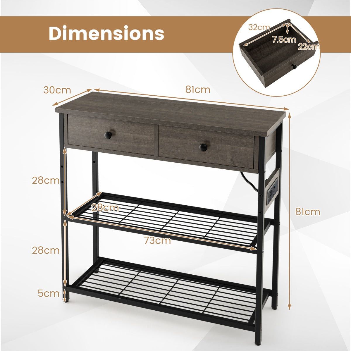 LIVSK Consoletafel met Laadstation - 2 Laden - Metalen Roosterplanken - Stekkerdoos met 2 USB - 81 x 30 x 81 cm - Grijs