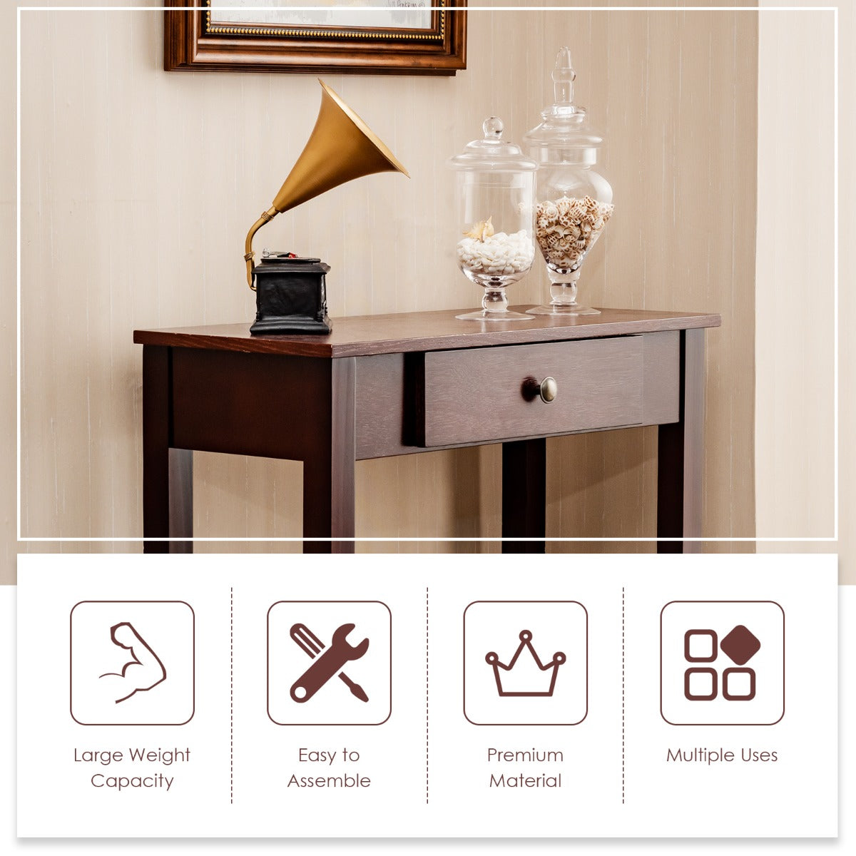 LIVSK Multifunctionele Consoletafel - Stevig Hout en MDF - Ruime Lade - Compact en Waterbestendig - 71 x 30 x 71 cm - Zwart/Bruin