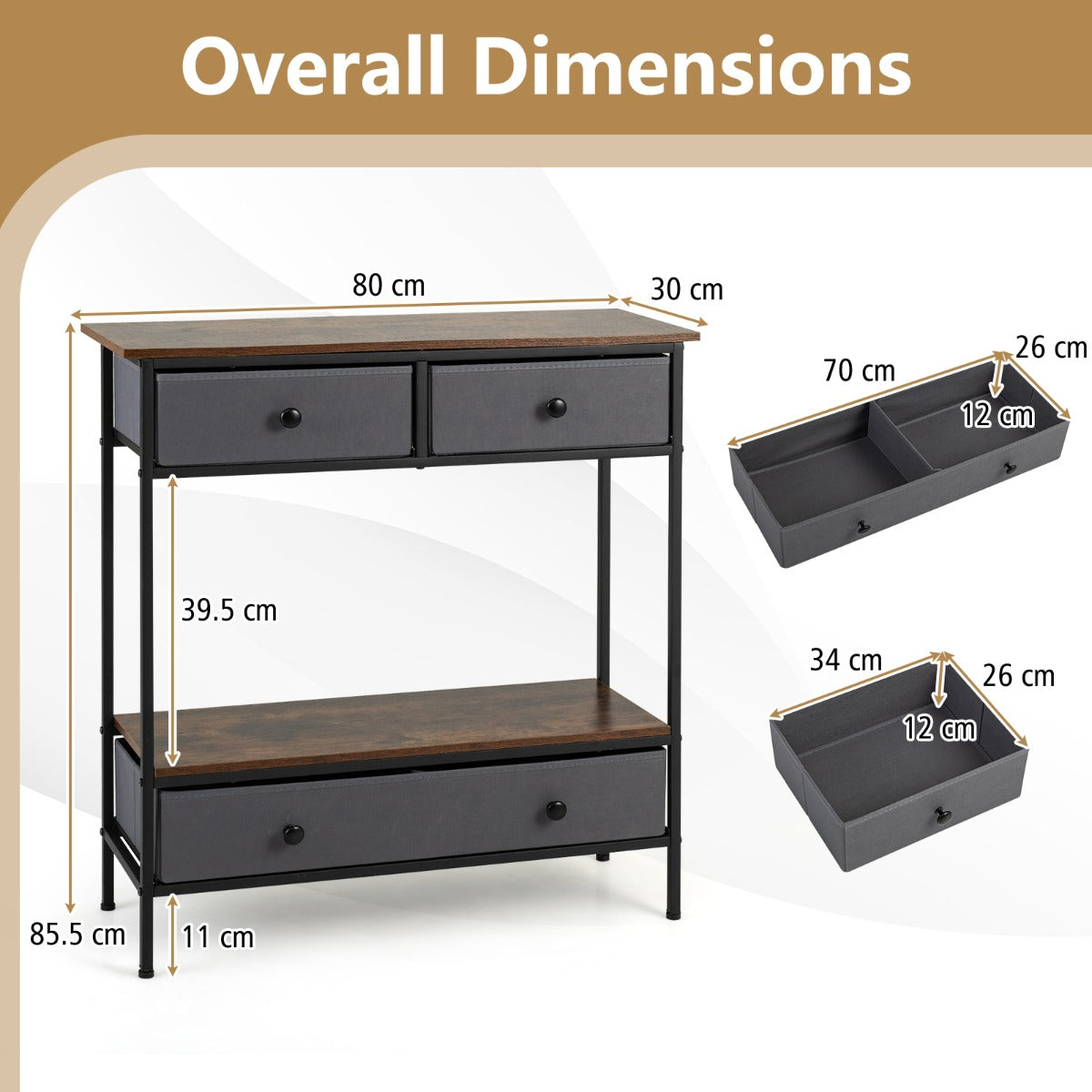 Livsk costway consoletafel met lades industriele haltafel met open opbergvakken slanke salontafel