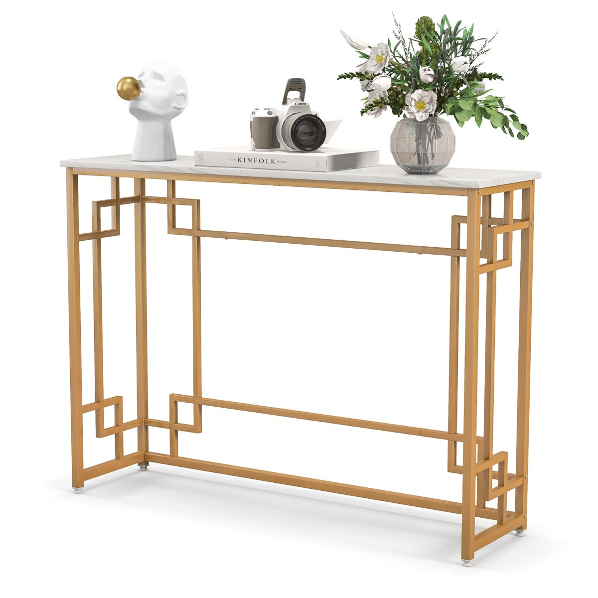 LIVSK Moderne Consoletafel - Imitatiemarmer Blad - Geometrisch Gouden Frame - Verstelbare Voetsteunen - Veiligheidsbeveiliging -