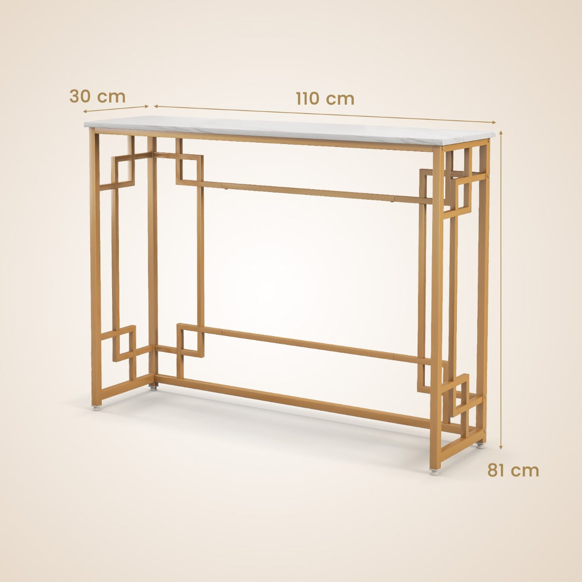 LIVSK Moderne Consoletafel - Imitatiemarmer Blad - Geometrisch Gouden Frame - Verstelbare Voetsteunen - Veiligheidsbeveiliging -
