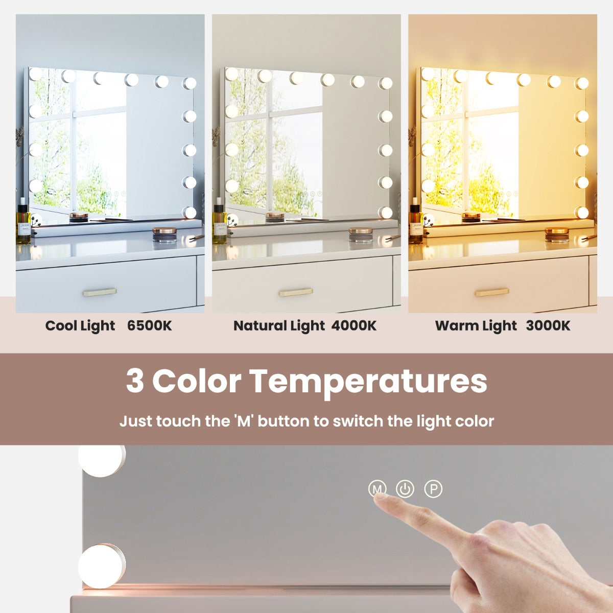 LIVSK Verlichte Make-Upspiegel - 14 LED-Lampen - 5x Vergroting - 3 Kleurmodi - Aanraakbediening - 50 x 12 x 43 cm - Wit