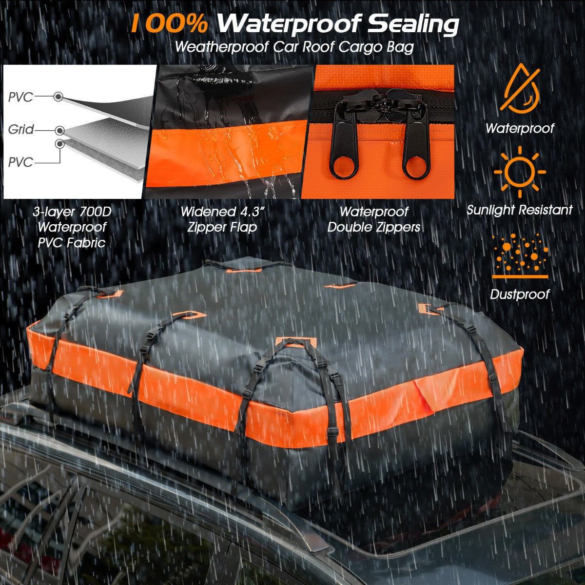 LIVSK Waterdichte Autodaktas 560 L - Voor Alle Voertuigen - Inclusief Deurhaken en Antislipmat - 132 x 100 x 43 cm - Zwart en