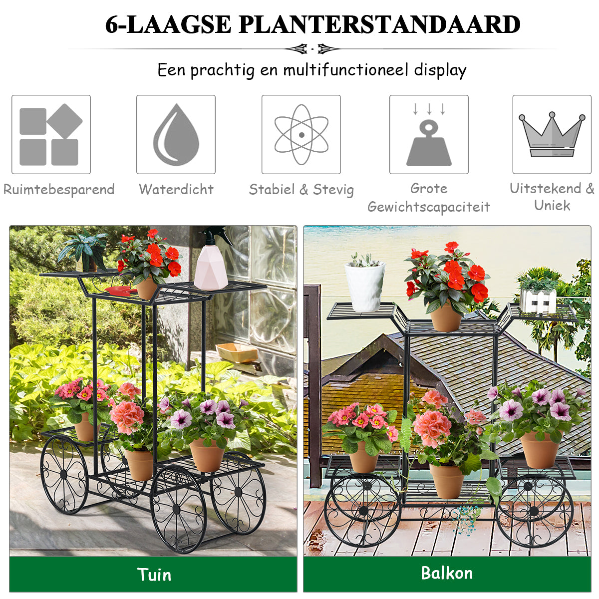 LIVSK Metalen Plantenstandaard - 6-laagse Parijse Karstijl - Robuust en Duurzaam - Voor Binnen en Buiten - 80,5 x 25 x 75 cm -