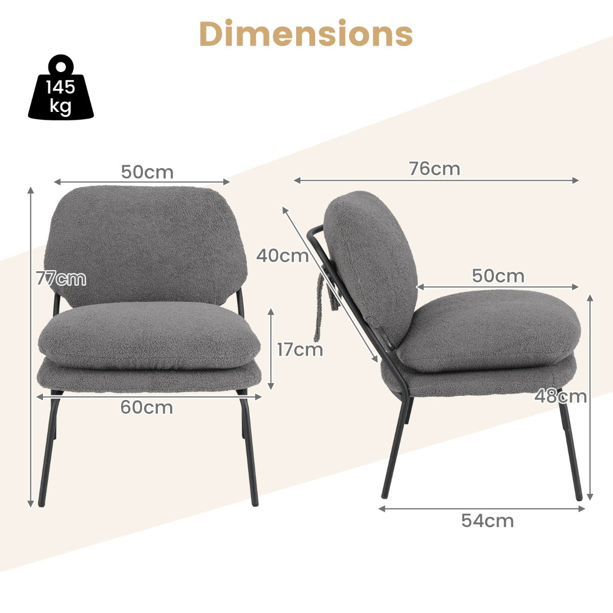 LIVSK Decoratieve Loungestoel van Fleecestof - Hoge Rugleuning - Schuimvulling - Stevig Metaal - Draagvermogen 145 kg - Grijs