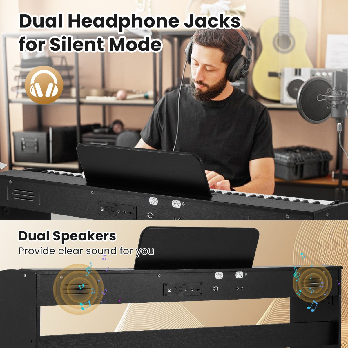 LIVSK Digitale Piano - 88 Gewogen Toetsen - 128 Ritmes en Tonen - Duetfunctie - USB-MIDI - Zwart