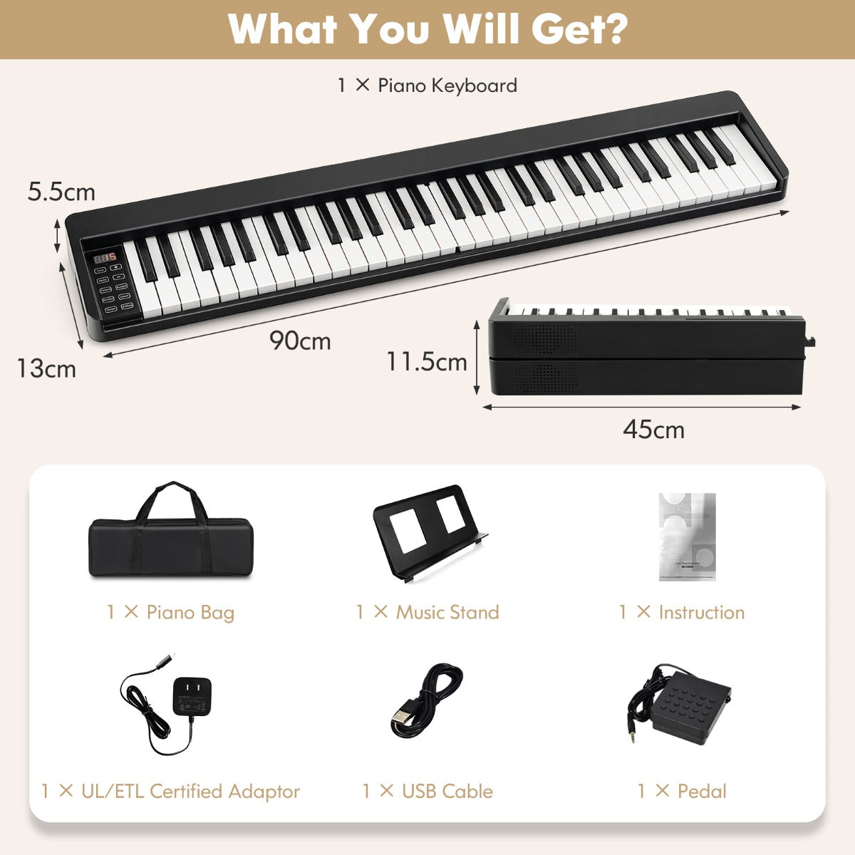 LIVSK Draagbare Digitale Piano - 61 Halfgewogen Toetsen - Bluetooth - Inclusief Pianotas en Pedaal - Lichtgewicht - Zwart
