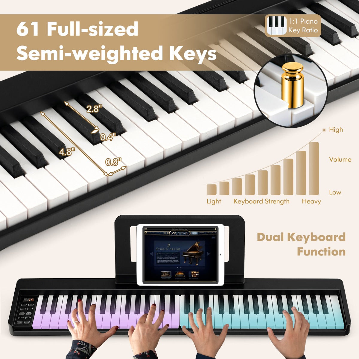 LIVSK Draagbare Digitale Piano - 61 Halfgewogen Toetsen - Bluetooth - Inclusief Pianotas en Pedaal - Lichtgewicht - Zwart