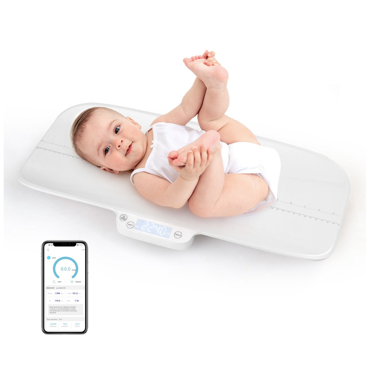 LIVSK Multifunctionele Babyweegschaal - 30 kg Draagkracht - 4 Meetmodi - Gebogen Weegplatform - Wit