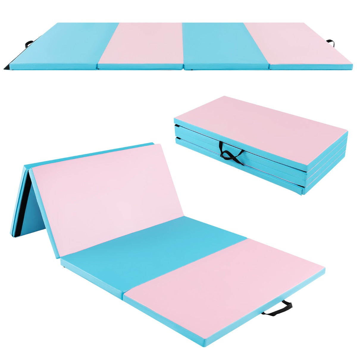 Livsk costway dikke opvouwbare gymnastiekmat schuim en pu trainingsmat met handgrepen voor gymnasten training yoga 240x116x5 cm blauw roze 1 1