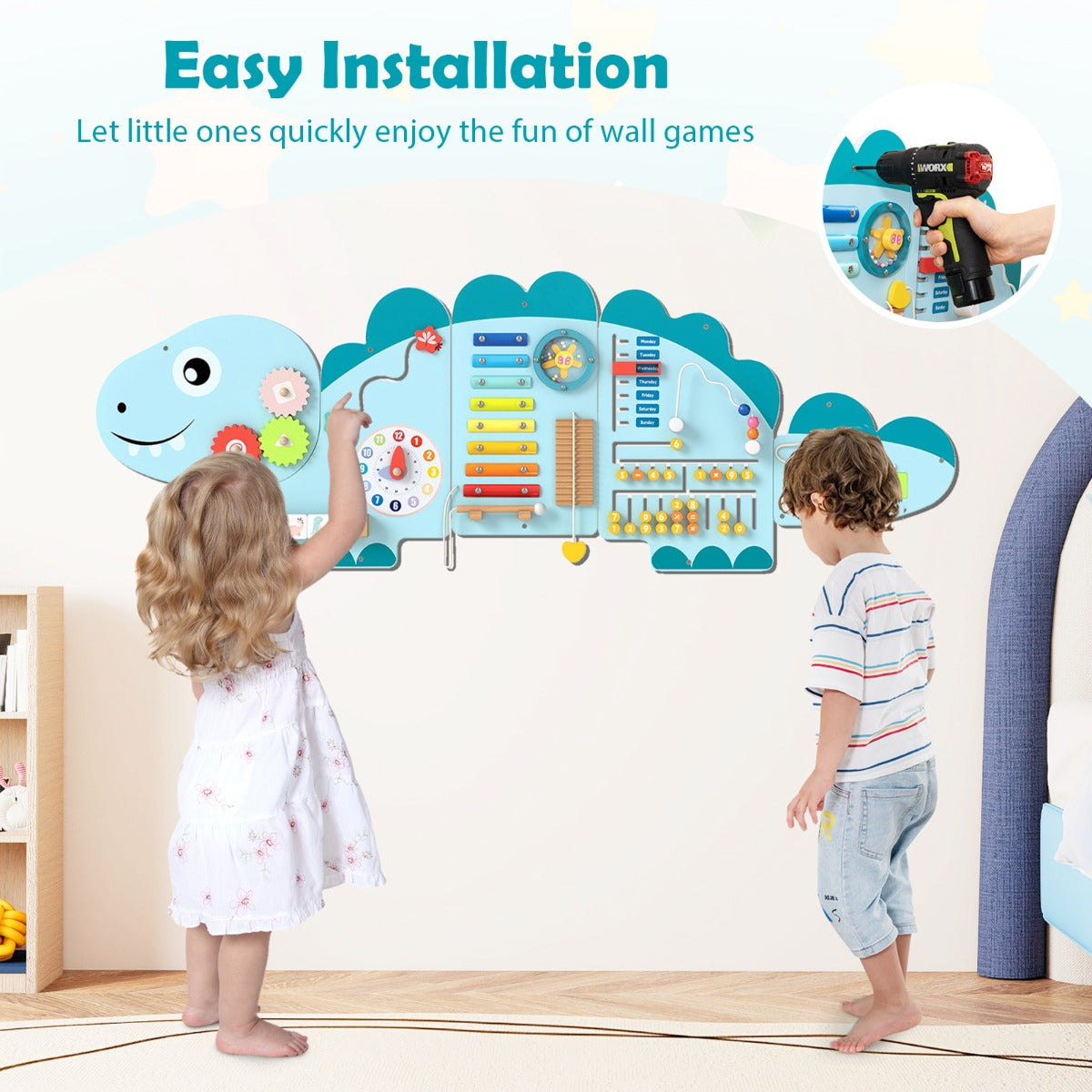 Livsk costway dinosaurus activiteitenwand geschikt voor peuters 11 in 1 montessori houten sensorisch wandspel 5