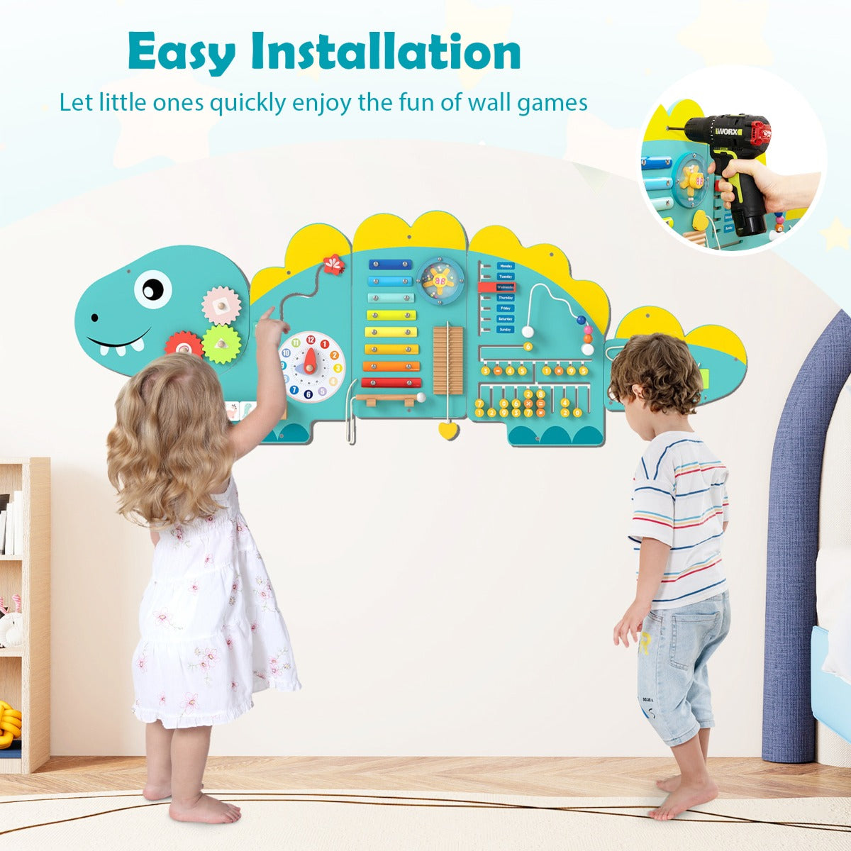 Livsk costway dinosaurus activiteitenwand geschikt voor peuters 11 in 1 montessori houten sensorisch wandspel groen 6