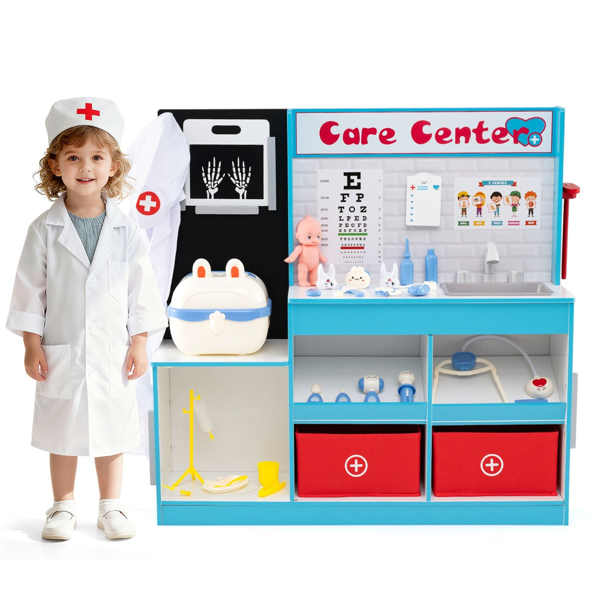 Livsk costway doktersspeelset houten medisch centrum met 29 medische accessoires blauw