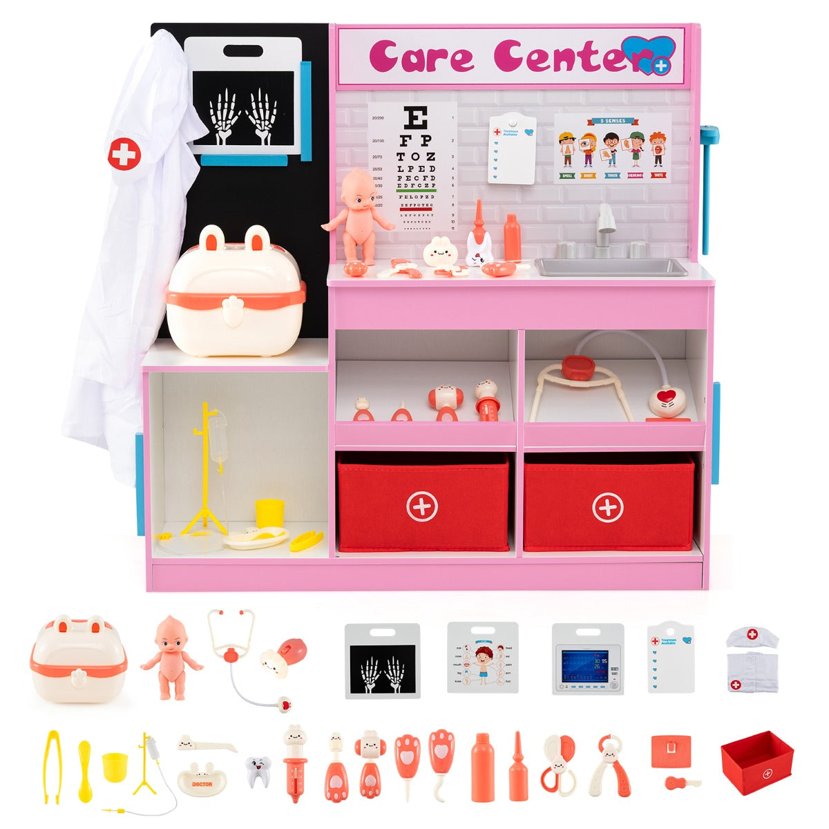 Livsk costway doktersspeelset houten medisch centrum met 29 medische accessoires roze 1 1