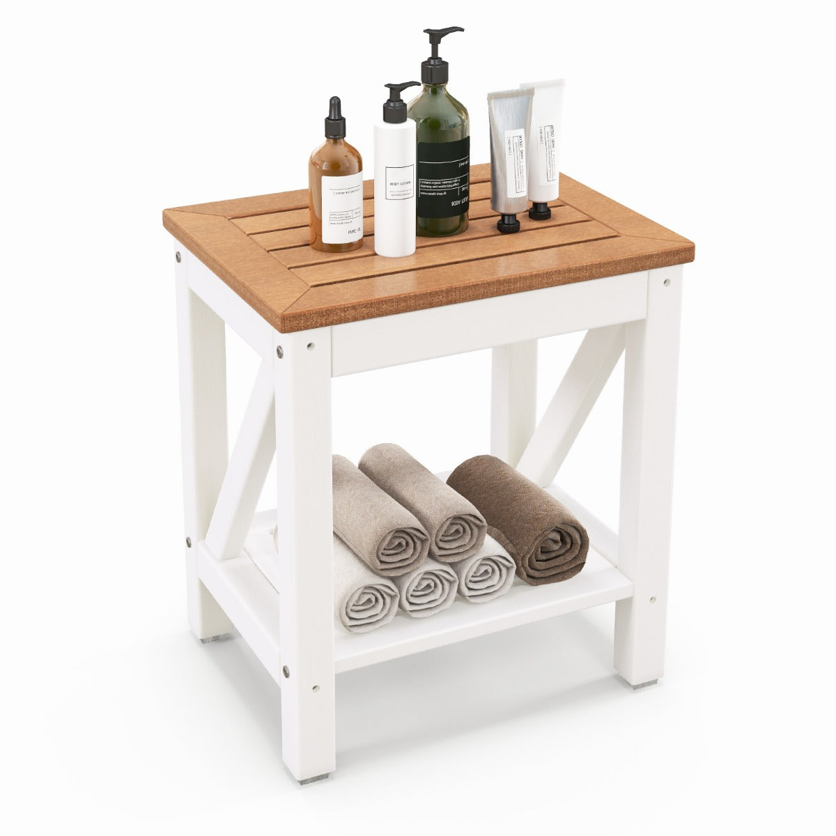 LIVSK Spa-kruk - Duurzaam HDPE - Waterdicht - 2-traps Opbergruimte - Draagvermogen 150 kg - Multifunctioneel - Bruin + Wit