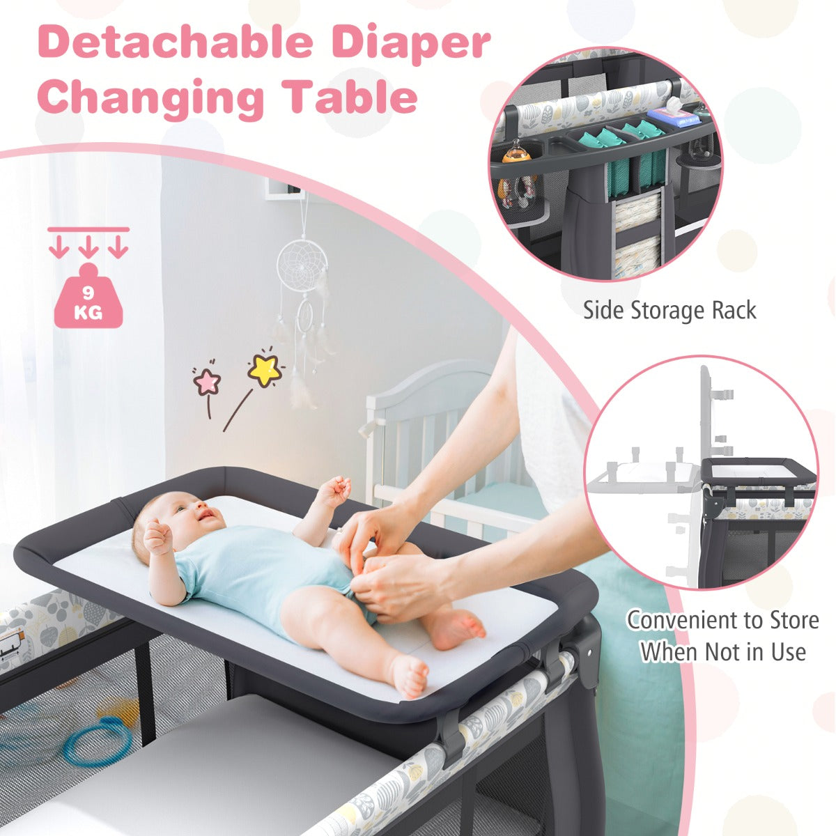 LIVSK Draagbaar 4-in-1 Babybedje - Verstelbaar Dak - Opbergrekje - Muziekdoosje - Tot 15 kg - Zwart/Grijs