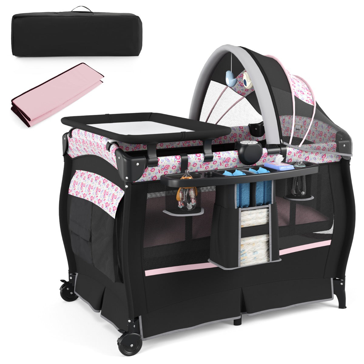 LIVSK 4-in-1 Babybedje - Verstelbaar Dak - Muziekdoosje - Opbergrekje - Draagbaar - Tot 15 kg - Zwart/Grijs