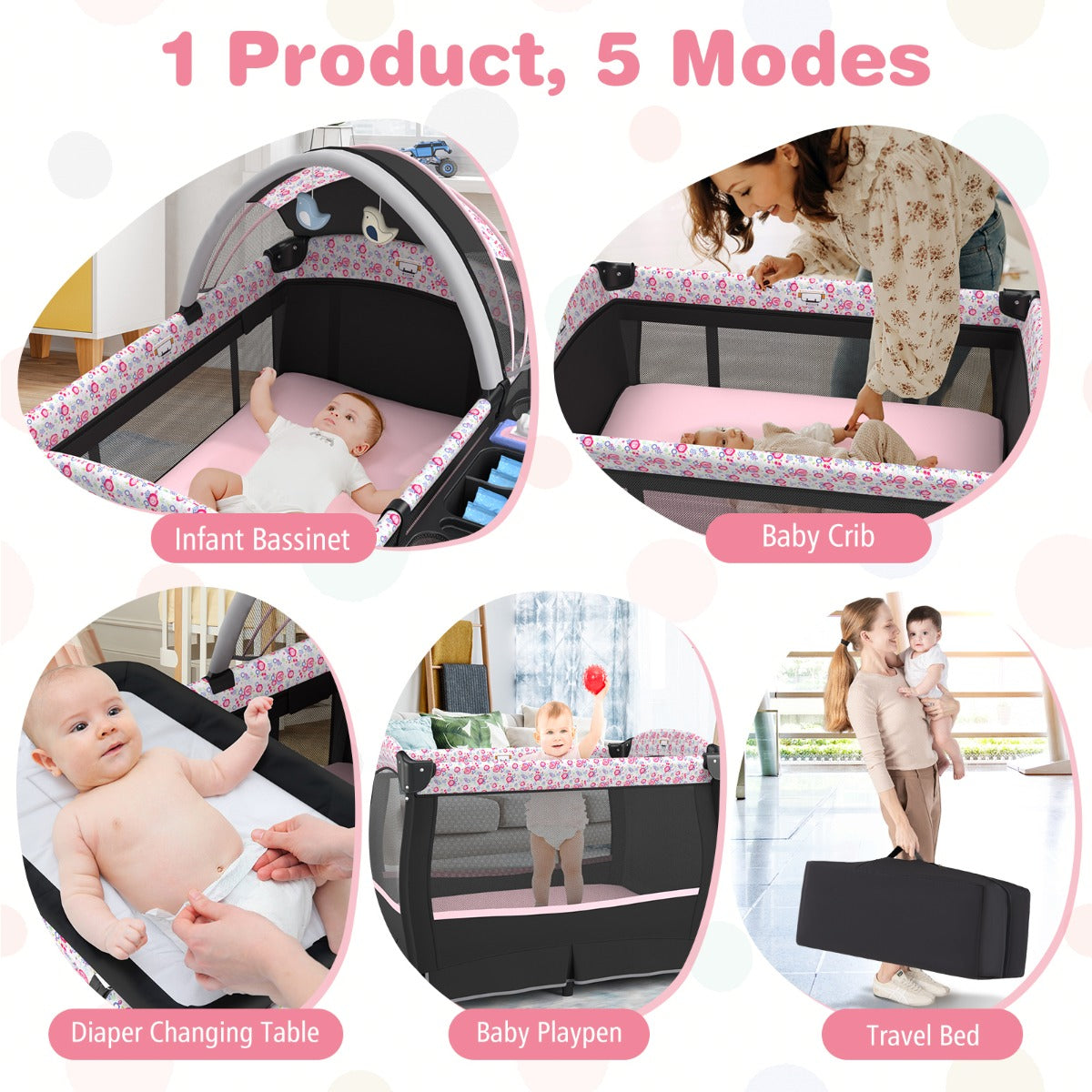 LIVSK 4-in-1 Babybedje - Verstelbaar Dak - Muziekdoosje - Opbergrekje - Draagbaar - Tot 15 kg - Zwart/Grijs
