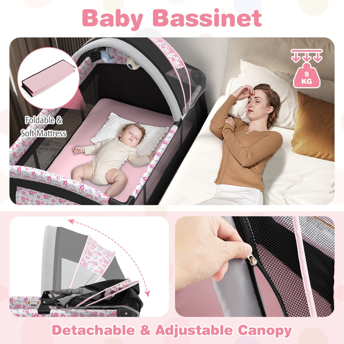 LIVSK 4-in-1 Babybedje - Verstelbaar Dak - Muziekdoosje - Opbergrekje - Draagbaar - Tot 15 kg - Zwart/Grijs