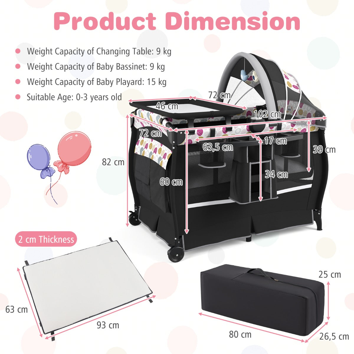 LIVSK 4-in-1 Babycentrum - Draagbaar Babybedje, Verschoontafel en Box - Opvouwbaar met Draagtas - Tot 15 kg - Zwart/Grijs