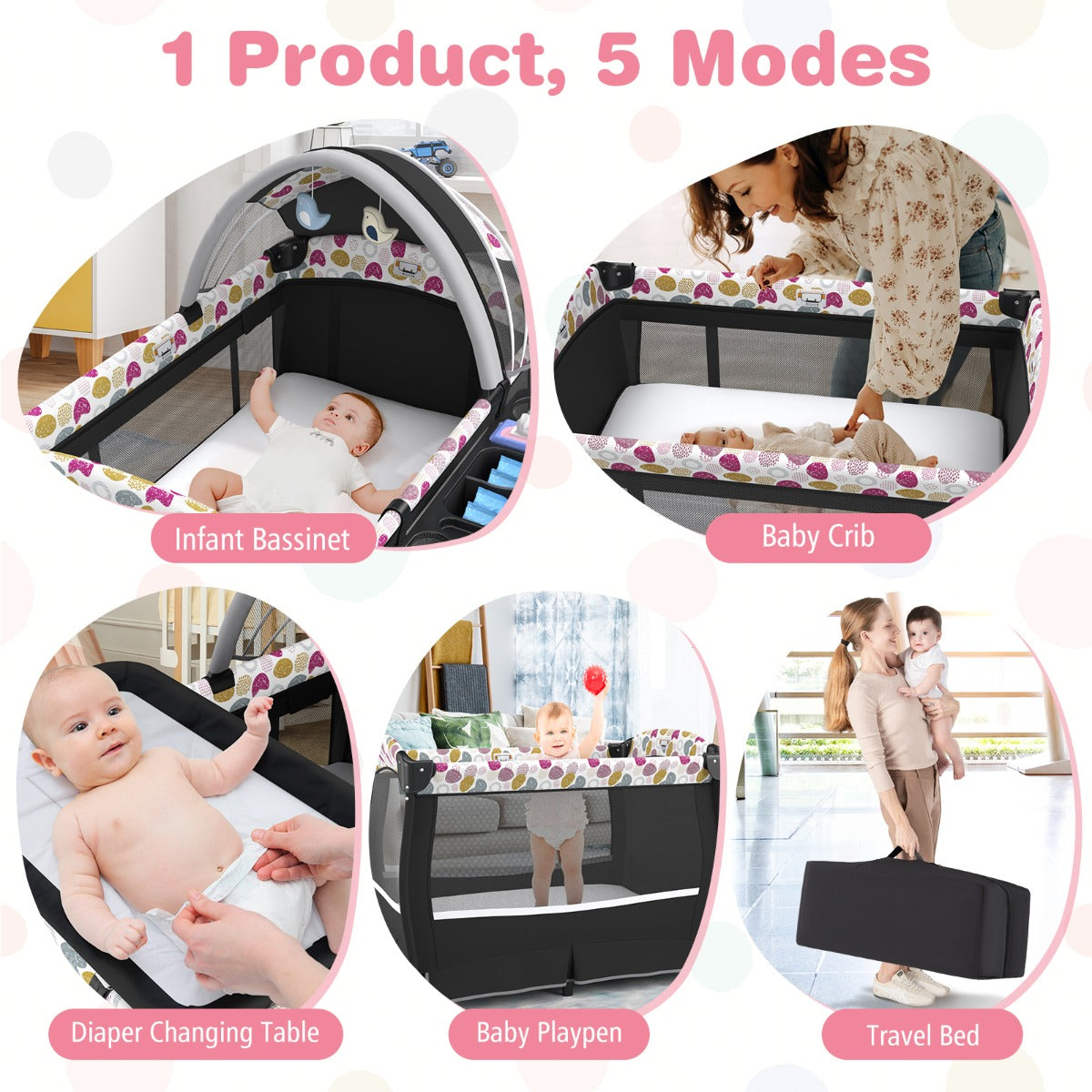 LIVSK 4-in-1 Babycentrum - Draagbaar Babybedje, Verschoontafel en Box - Opvouwbaar met Draagtas - Tot 15 kg - Zwart/Grijs