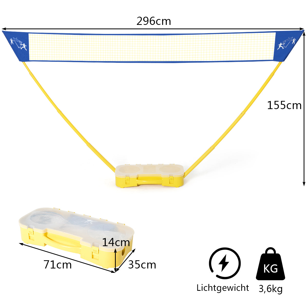 LIVSK Draagbare Badmintonset - Snelle Opstelling - Duurzaam Net en Rackets - Voor Binnen en Buiten - 3m x 1,5m - Geel en Blauw