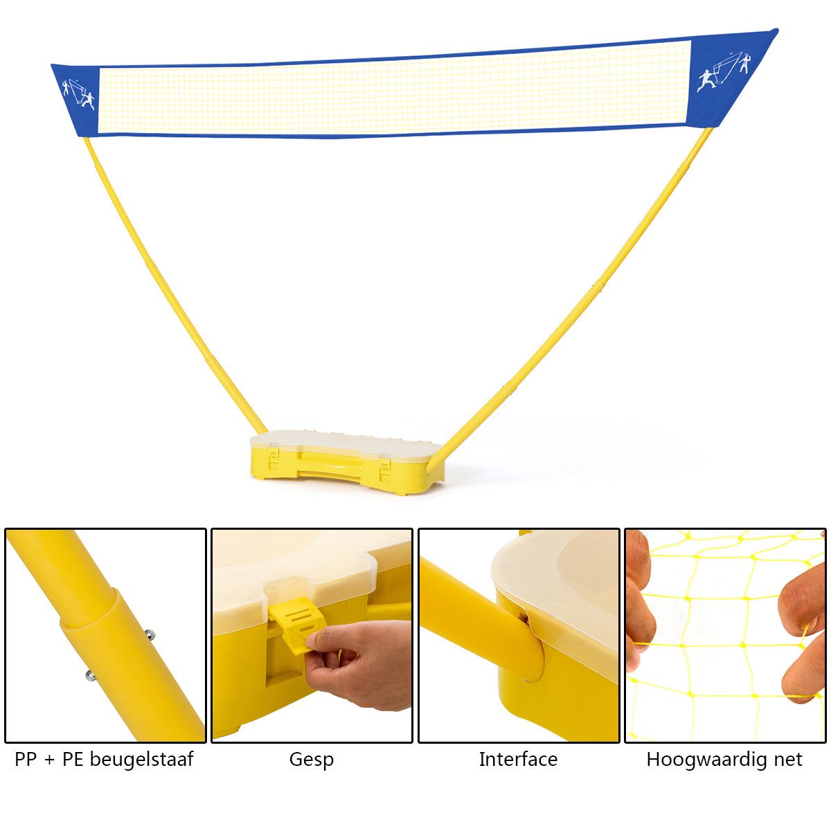 LIVSK Draagbare Badmintonset - Snelle Opstelling - Duurzaam Net en Rackets - Voor Binnen en Buiten - 3m x 1,5m - Geel en Blauw