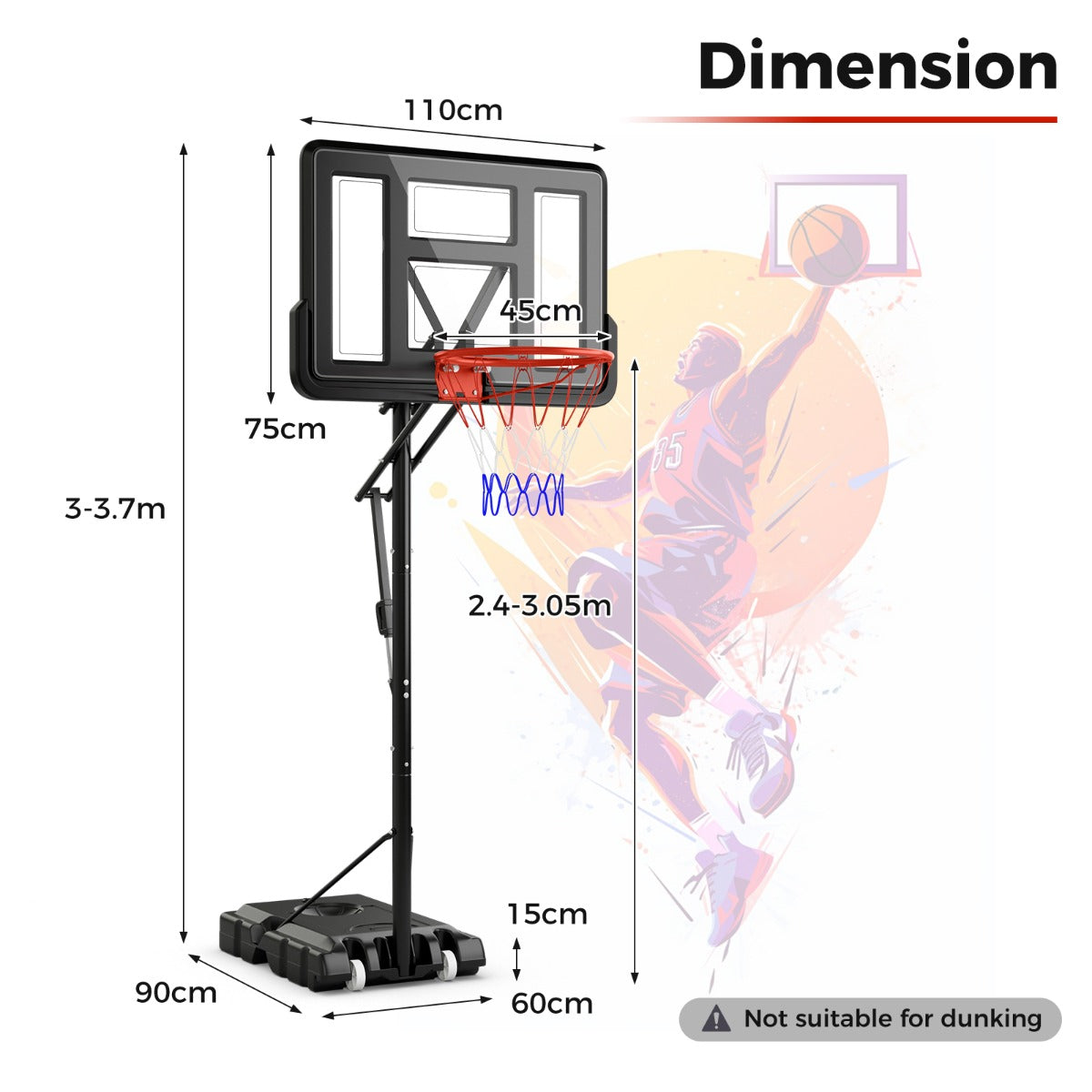 Livsk costway draagbaar basketbalpaalsysteem basketbalpaal voor binnen en buiten in hoogte verstelbaar tussen 240 en 305 centimeter 2