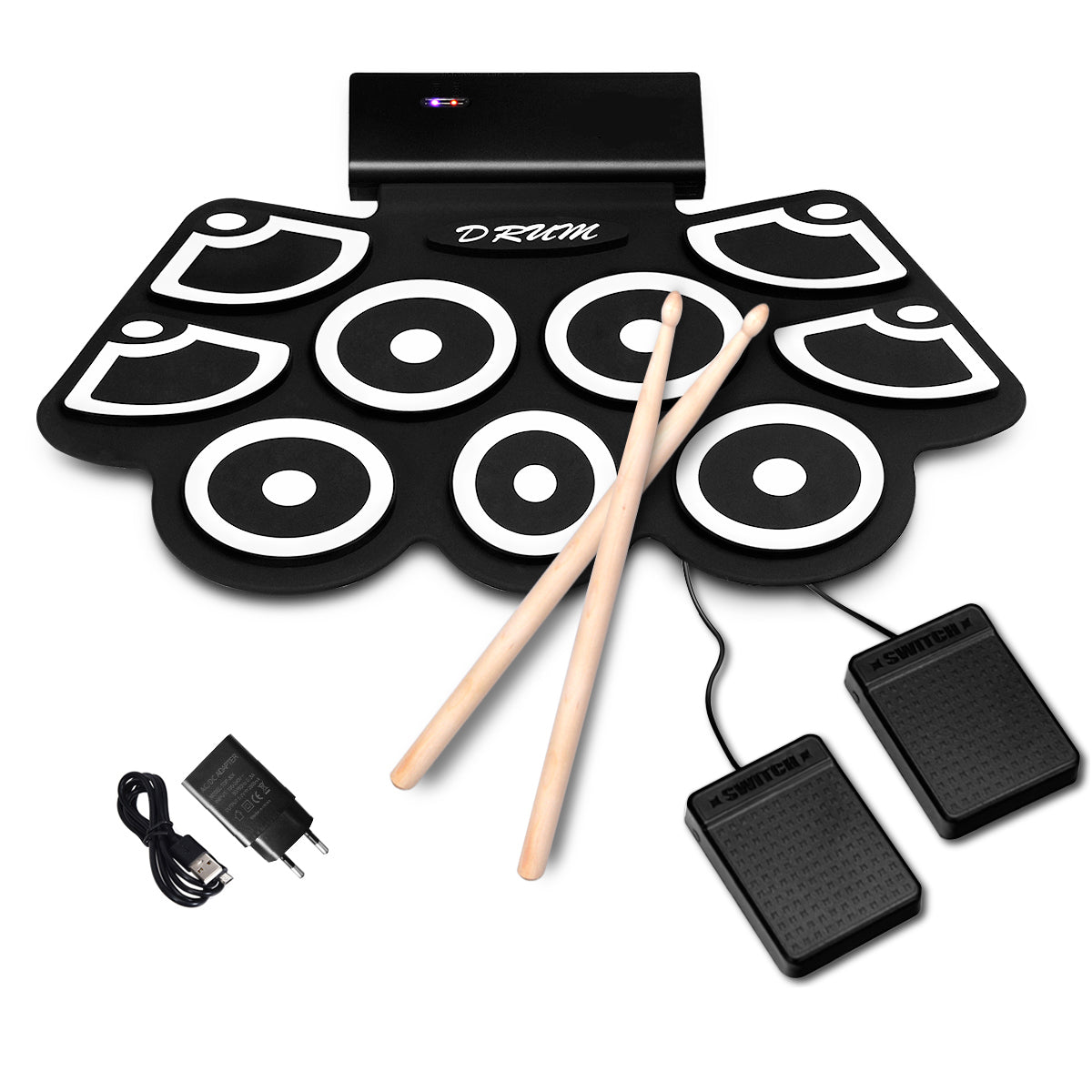 LIVSK Digitale Drumset - 7 Drumgeluiden - Bluetooth en USB - Opvouwbaar - Inclusief Voetpedalen - Draagbaar - Zwart