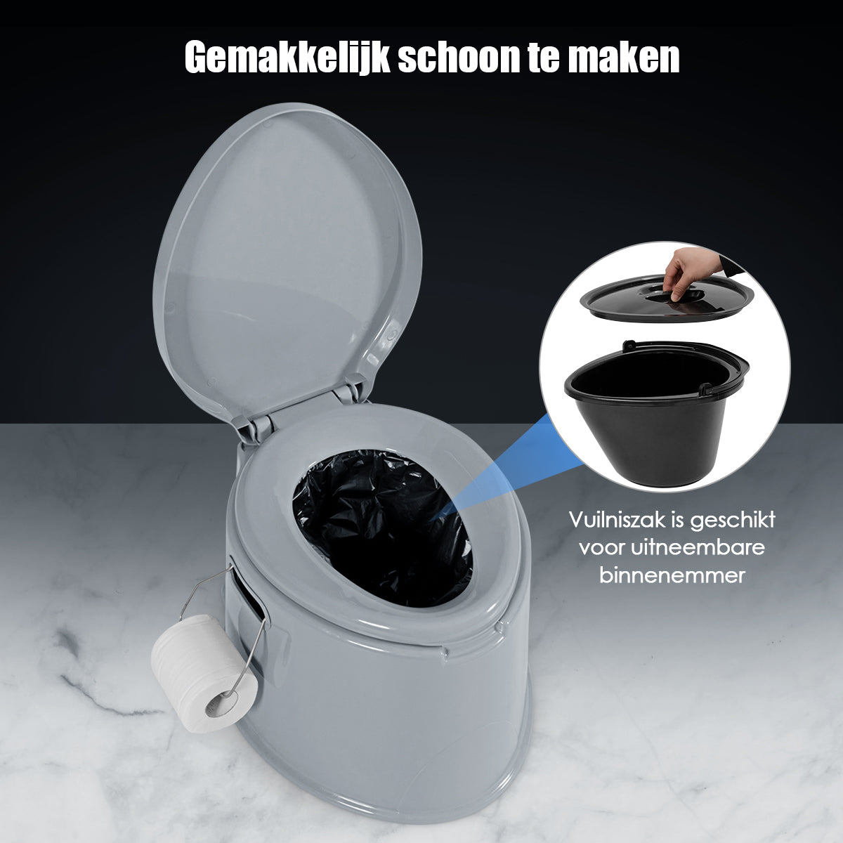 LIVSK Draagbaar Toilet - Lichtgewicht en Compact - Verwijderbare Binnenemmer - Afneembare Toiletpapierhouder - Grijs