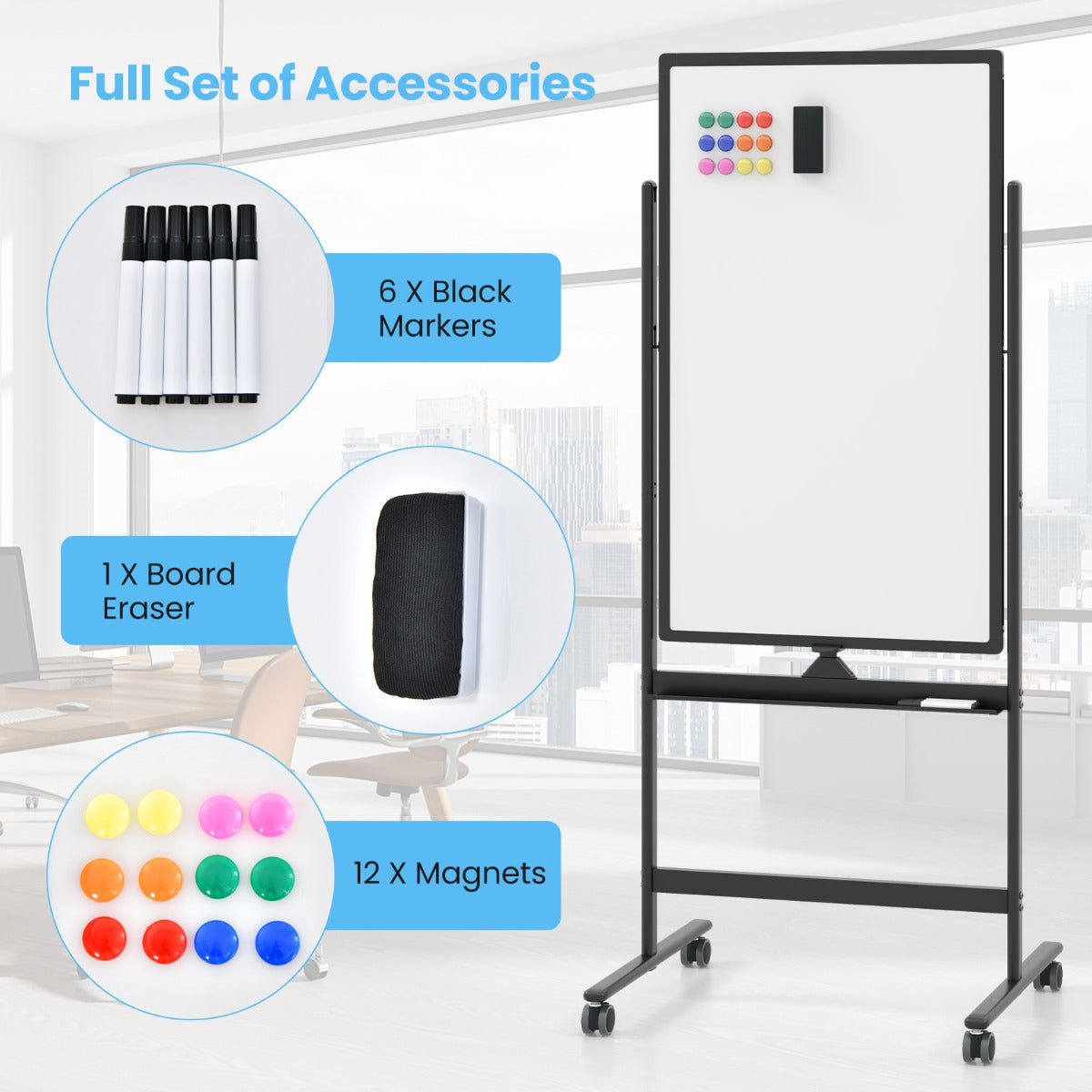 LIVSK Verstelbaar Whiteboard - Omkeerbaar en Draagbaar - Hoogte 155,5-183,5 cm - 360° Draaibaar - Inclusief Accessoires - Zwart
