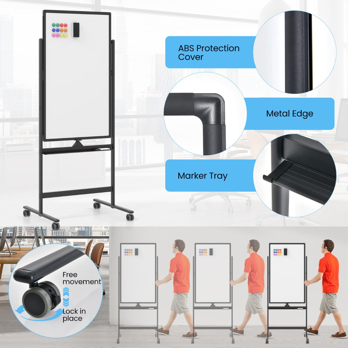 LIVSK Verstelbaar Whiteboard - Omkeerbaar en Draagbaar - Hoogte 155,5-183,5 cm - 360° Draaibaar - Inclusief Accessoires - Zwart