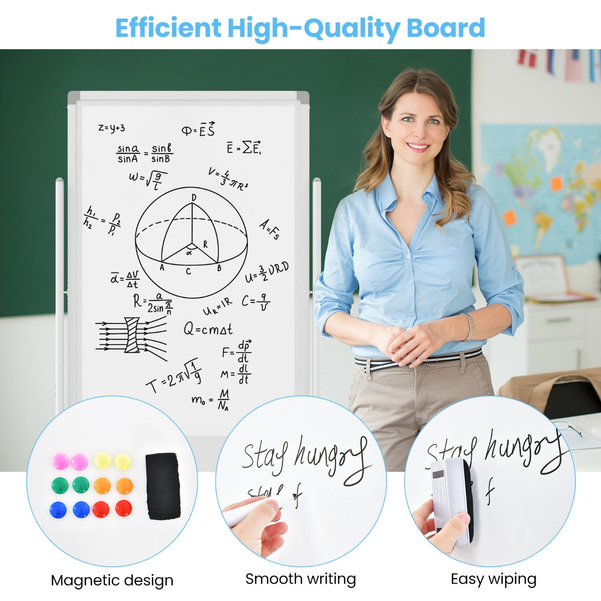 LIVSK Verstelbaar Whiteboard - Omkeerbaar met Vergrendelknop - Hoogte 155,5-183,5 cm - Stevig Aluminium Frame - Wit