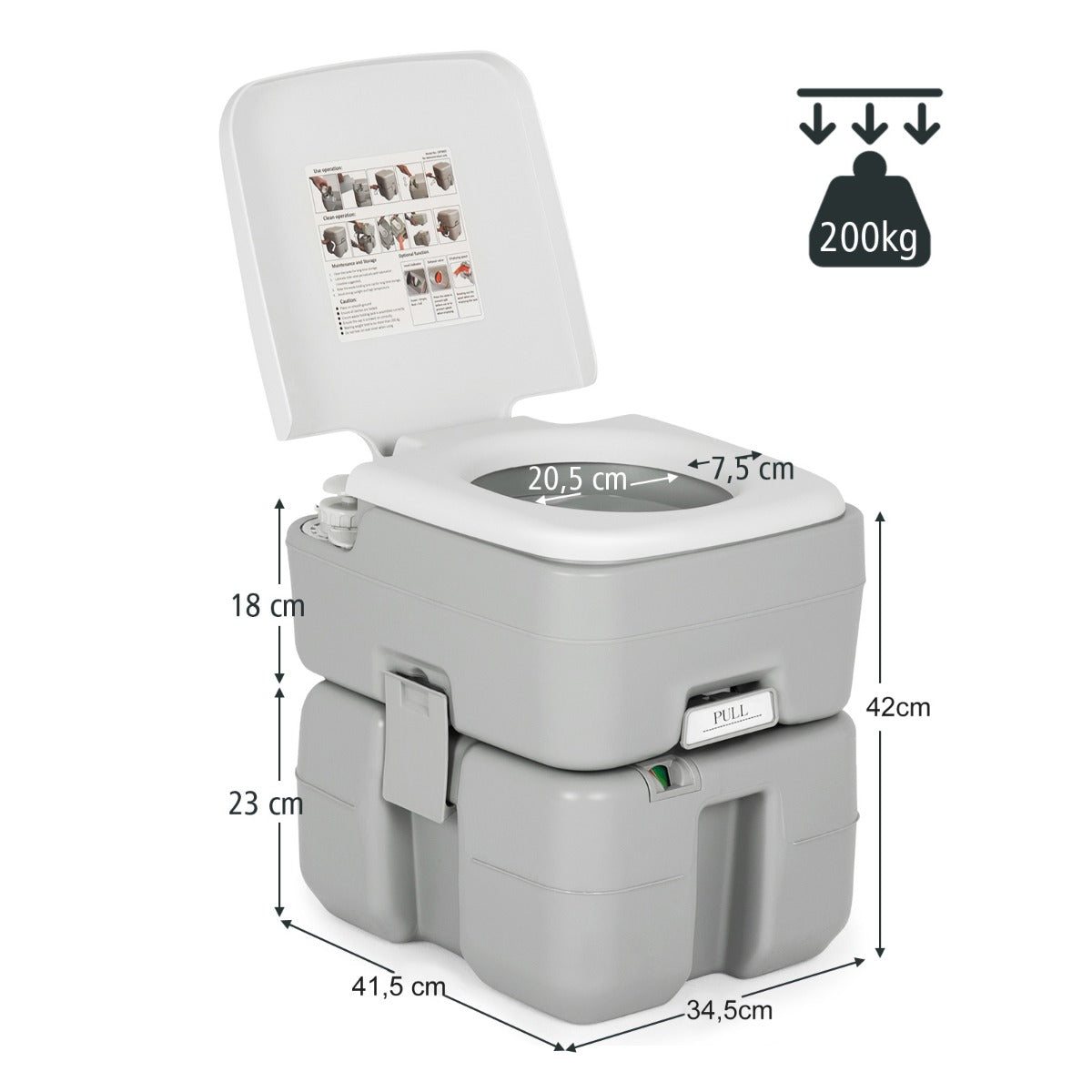 LIVSK Draagbaar Camping Toilet - Uniek Afvoersysteem - 10 L Schoonwatertank - 20 L Afvaltank - Tot 200 kg - Grijs