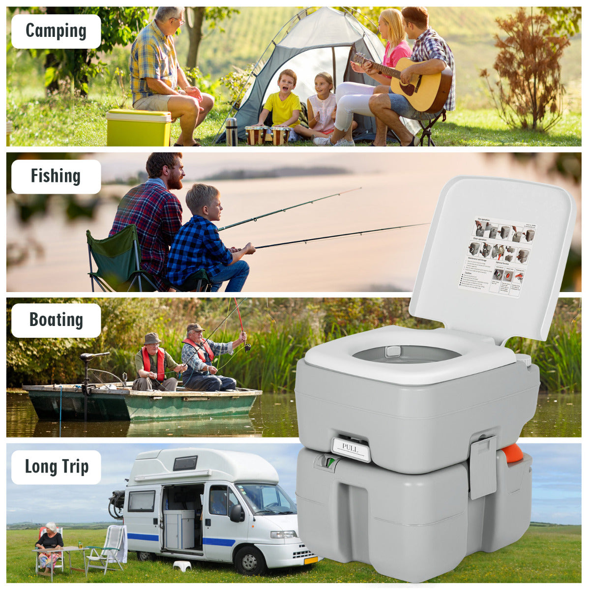 LIVSK Draagbaar Camping Toilet - Uniek Afvoersysteem - 10 L Schoonwatertank - 20 L Afvaltank - Tot 200 kg - Grijs