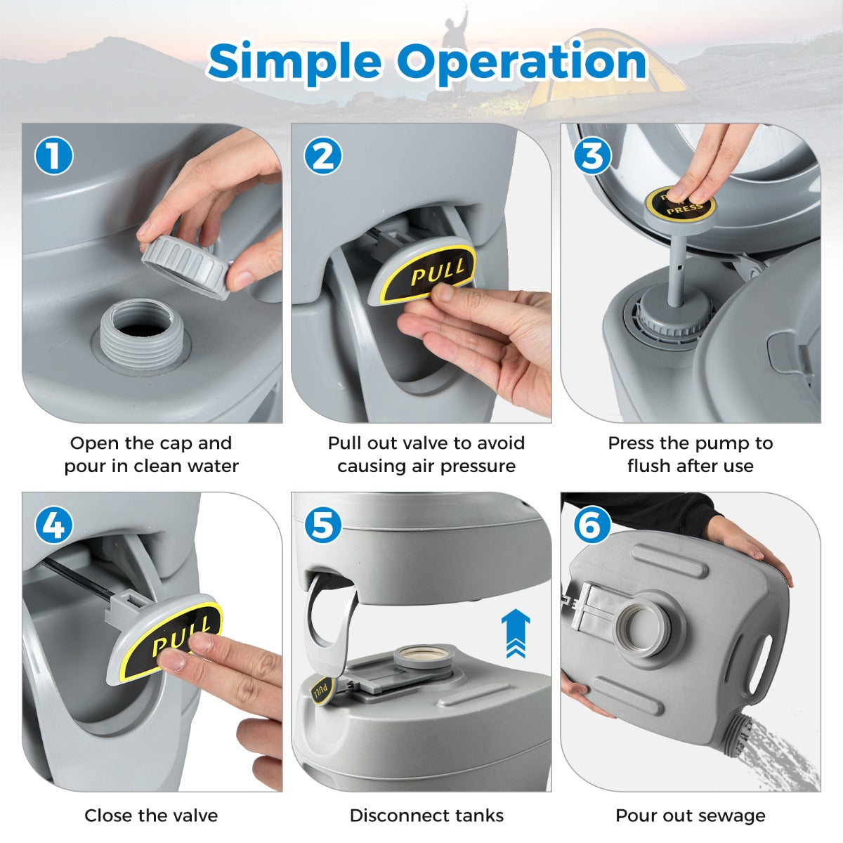 Livsk costway draagbaar toilet met afneembare 20 l afvalwatertank mobiel toilet met waterdichte zitting en spoelpomp campingtoilet voor bootvissers donkergrijs 6