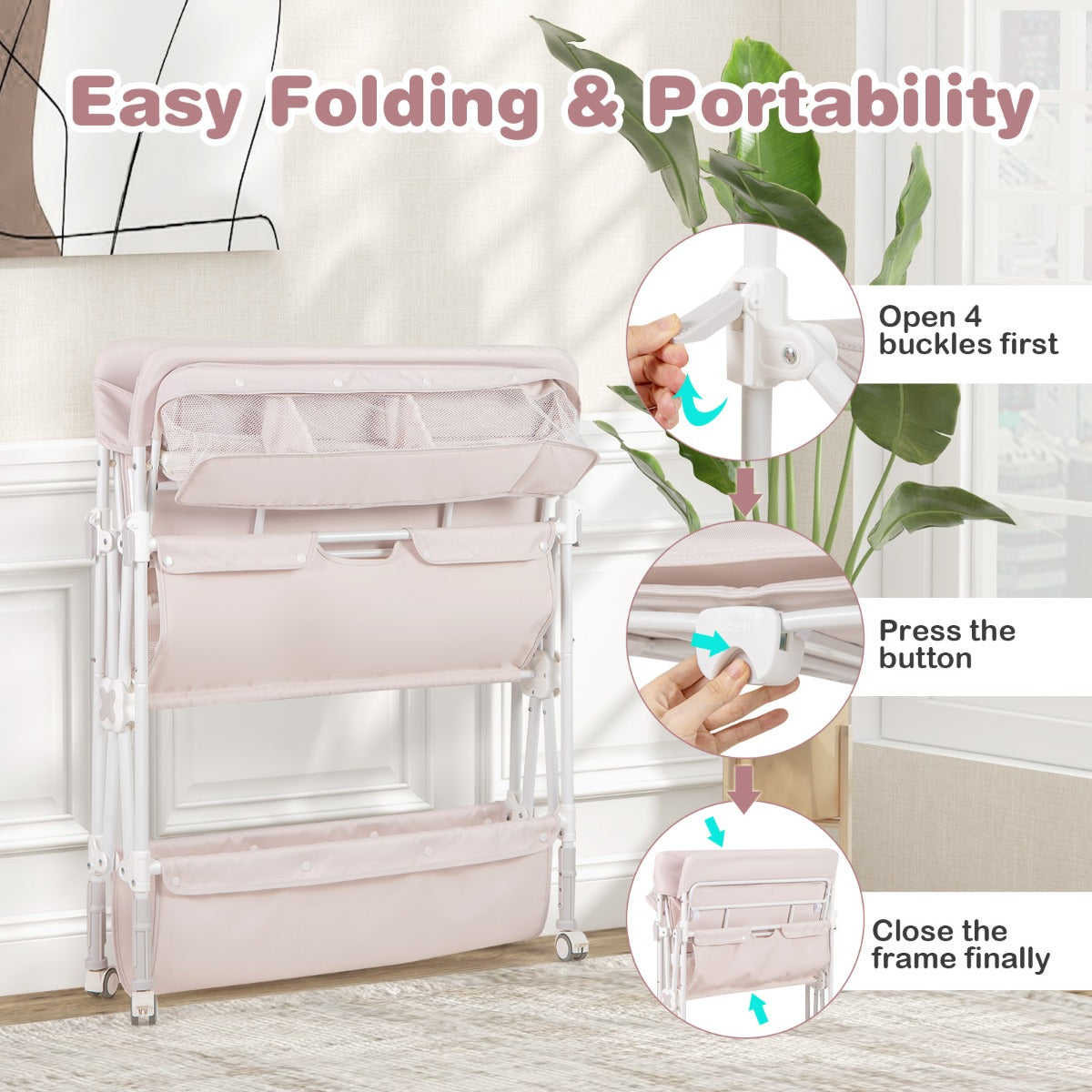 Livsk costway draagbare babyverschoontafel met wieltjes opvouwbaar waterdicht in hoogte verstelbaar met planken en afvalbak beige 3
