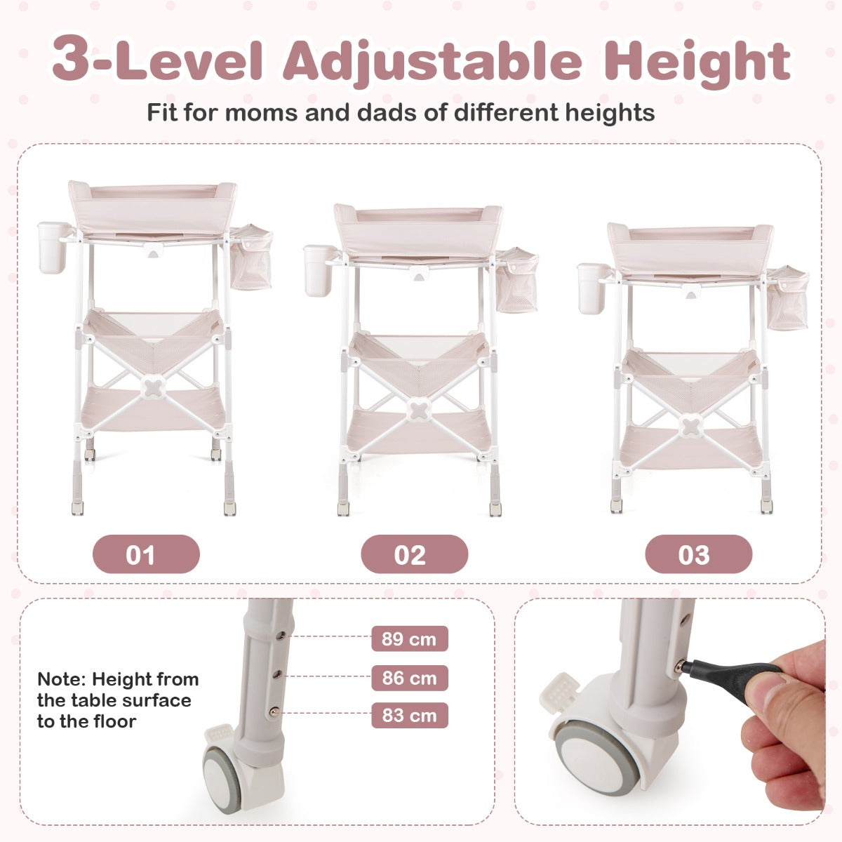 Livsk costway draagbare babyverschoontafel met wieltjes opvouwbaar waterdicht in hoogte verstelbaar met planken en afvalbak beige 6