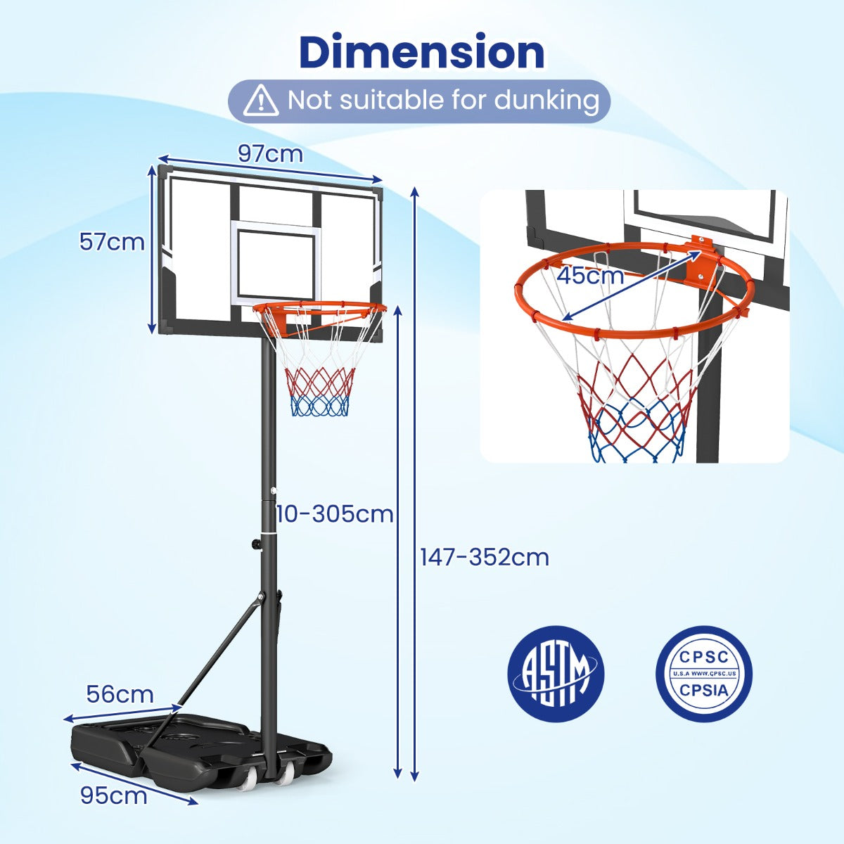LIVSK Verstelbare Basketbalset - Hoogte 1 tot 3 m - Schokbestendig Bord - Draagbaar met Wielen - Zwart