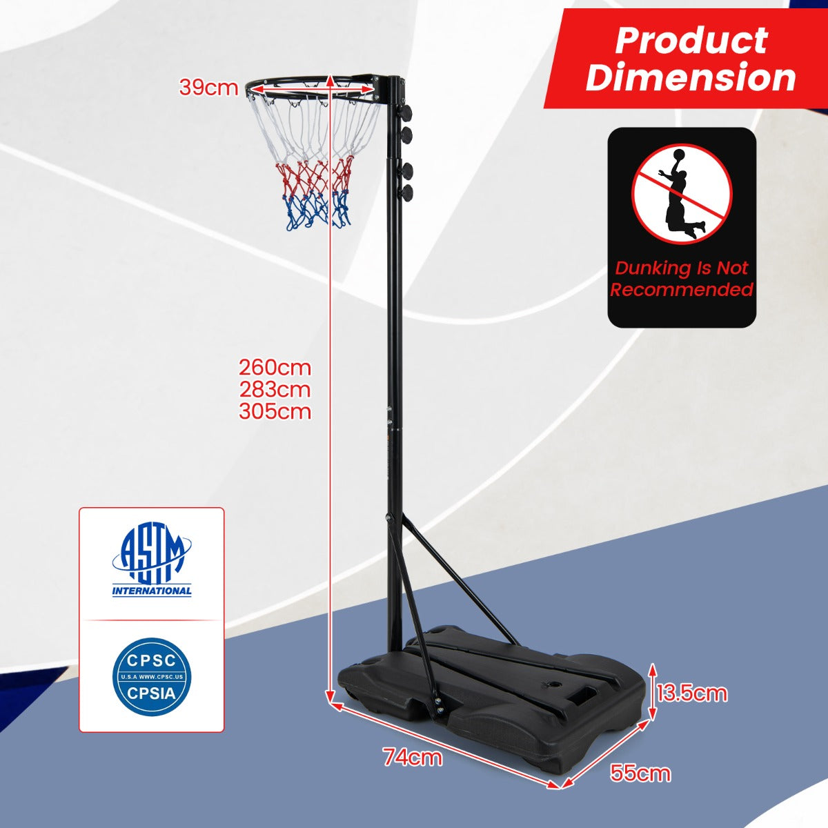 LIVSK Verstelbare Basketbalstandaard - Hoogte 260-305 cm - Robuuste Metalen Rand - Mobiel met 2 Wielen - Zwart