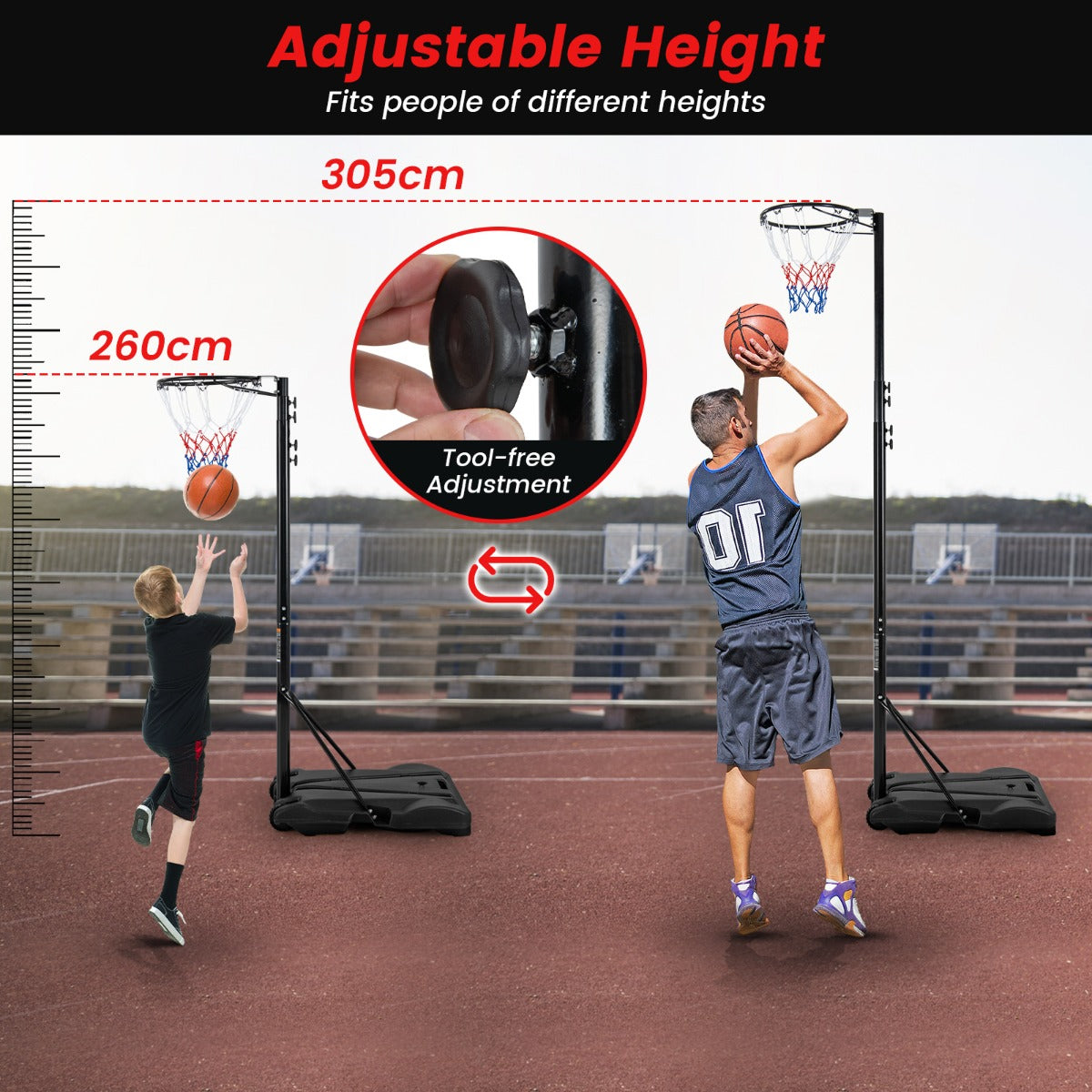 LIVSK Verstelbare Basketbalstandaard - Hoogte 260-305 cm - Robuuste Metalen Rand - Mobiel met 2 Wielen - Zwart