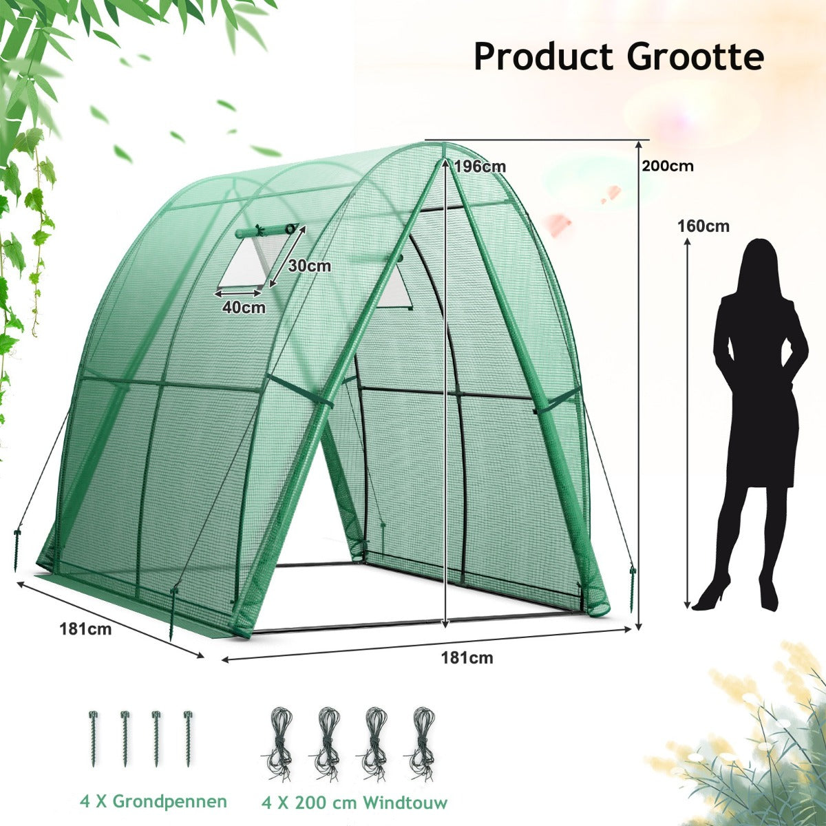 LIVSK Draagbare Tunnelkas - Sterke PE-beschermhoes - 2 Deuren met Rits - Oprolbare Ramen - 181 x 181 x 200 cm - Groen
