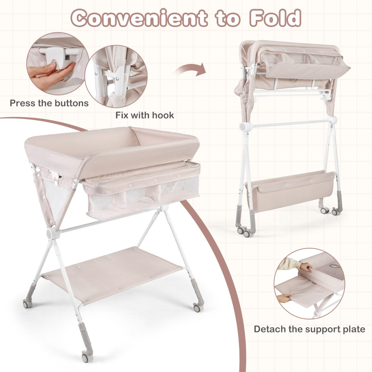 Livsk costway draagbare commode opvouwbare verschoontafel met 3 voudig verstelbare hoogte en vergrendelbare wielen 81 x 665 x 95 101 cm beige