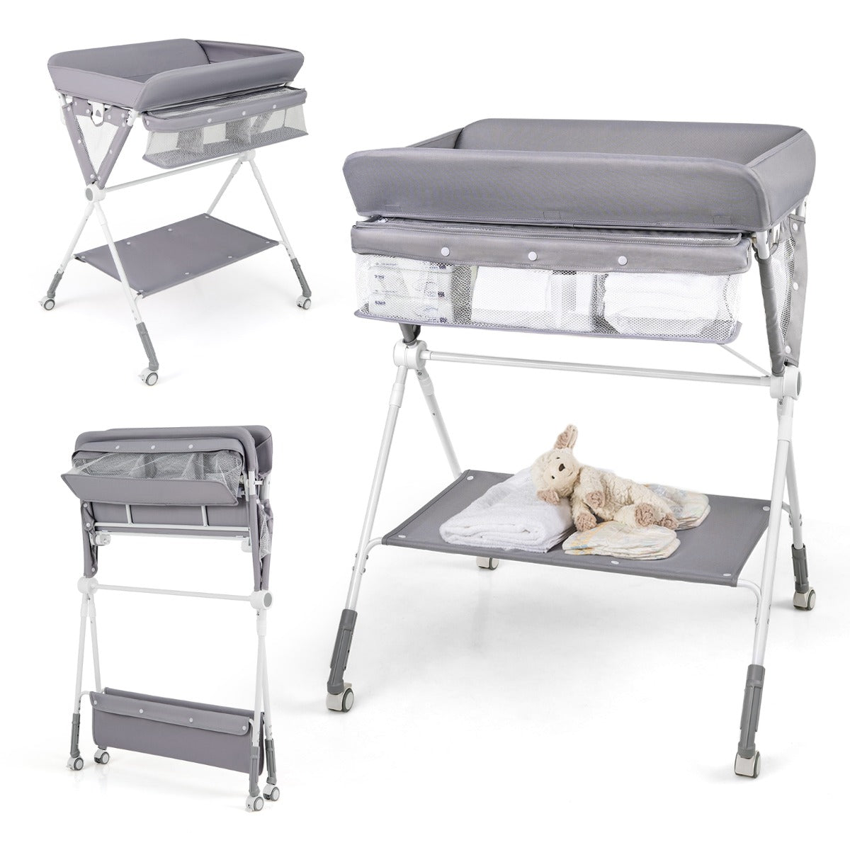 Livsk costway draagbare commode opvouwbare verschoontafel met 3 voudig verstelbare hoogte en vergrendelbare wielen 81 x 665 x 95 101 cm grijs 1