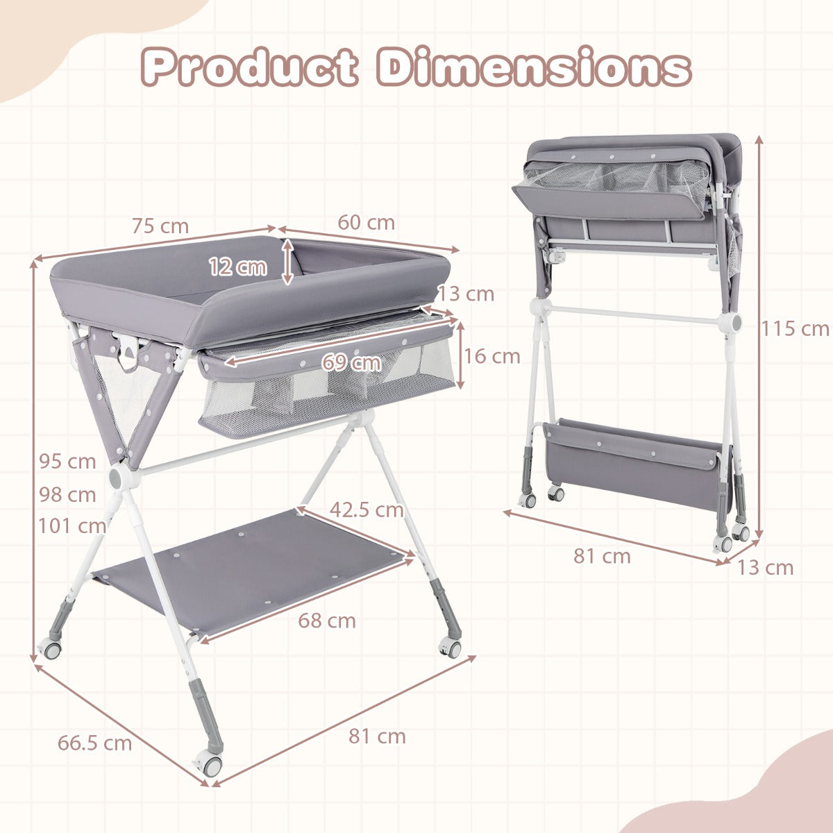 Livsk costway draagbare commode opvouwbare verschoontafel met 3 voudig verstelbare hoogte en vergrendelbare wielen 81 x 665 x 95 101 cm grijs
