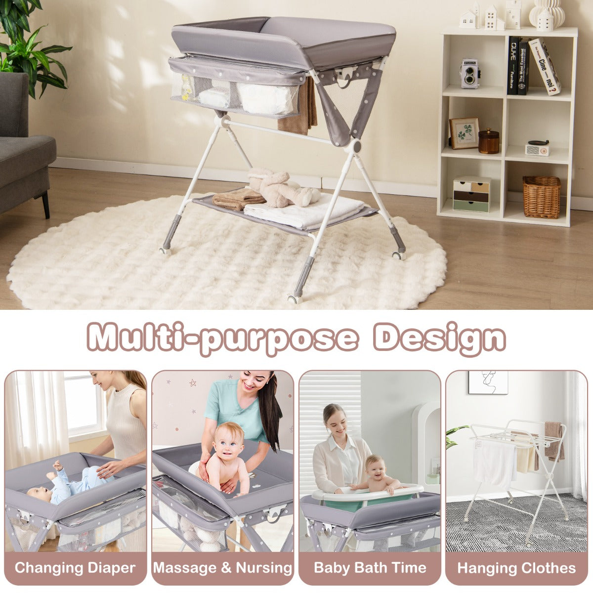 Livsk costway draagbare commode opvouwbare verschoontafel met 3 voudig verstelbare hoogte en vergrendelbare wielen 81 x 665 x 95 101 cm grijs