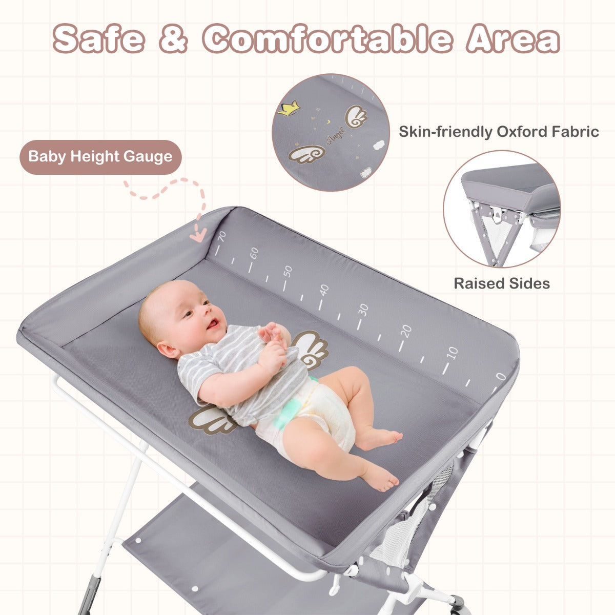 Livsk costway draagbare commode opvouwbare verschoontafel met 3 voudig verstelbare hoogte en vergrendelbare wielen 81 x 665 x 95 101 cm grijs